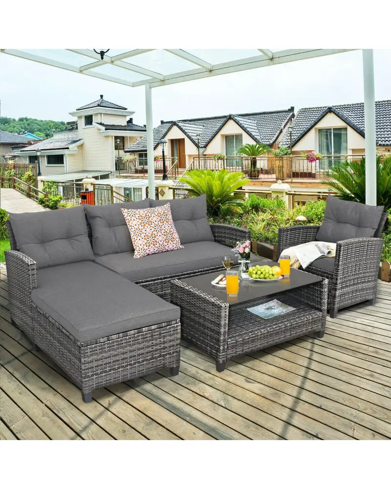 4 Pieces Patio Rattan Furniture Set with Cushion and Table Shelf-Gray - Gray - Outdoor Sectionals