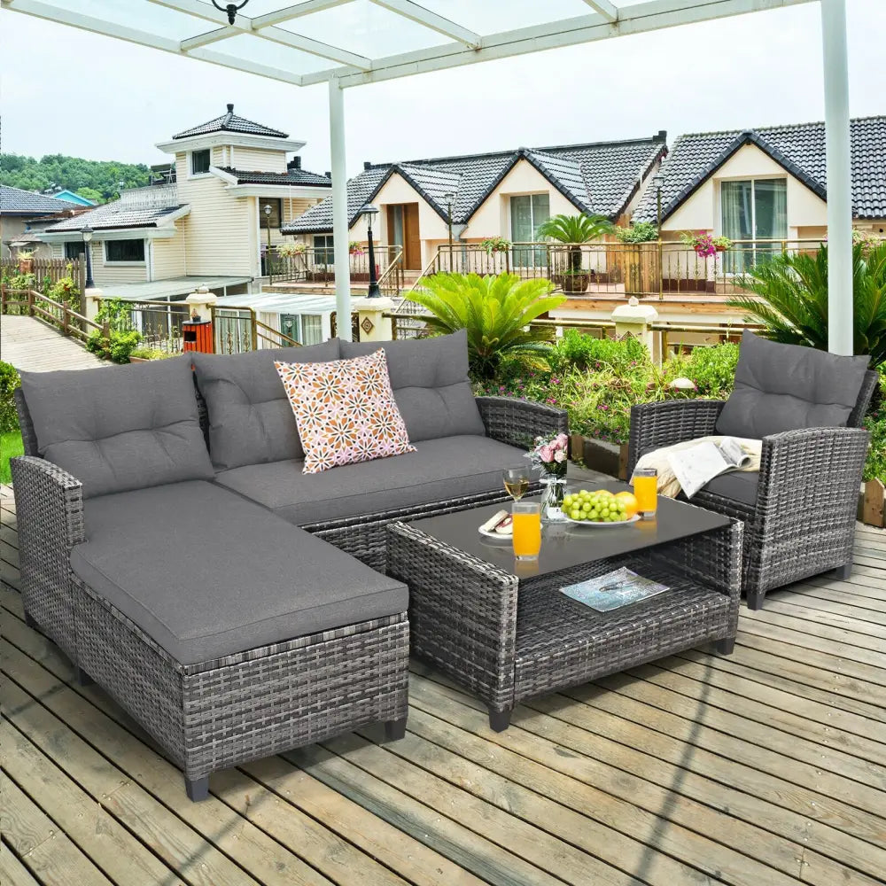 4 Pieces Patio Rattan Furniture Set with Cushion and Table Shelf-Gray - Gray - Outdoor Sectionals