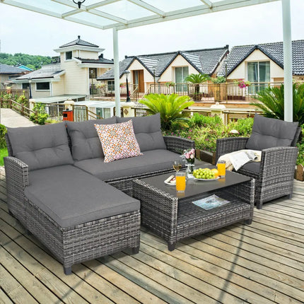 4 Pieces Patio Rattan Furniture Set with Cushion and Table Shelf-Gray - Gray - Outdoor Sectionals