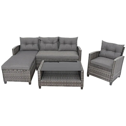 4 Pieces Patio Rattan Furniture Set with Cushion and Table Shelf-Gray - Gray - Outdoor Sectionals