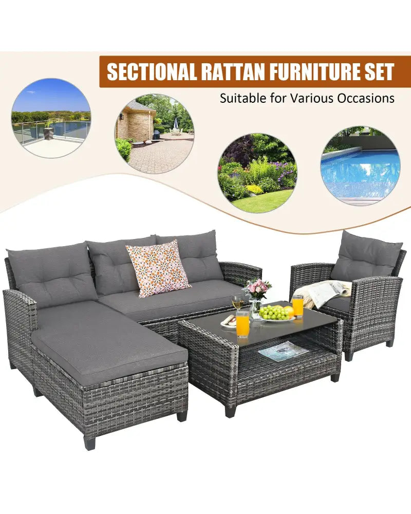 4 Pieces Patio Rattan Furniture Set with Cushion and Table Shelf-Gray - Gray - Outdoor Sectionals