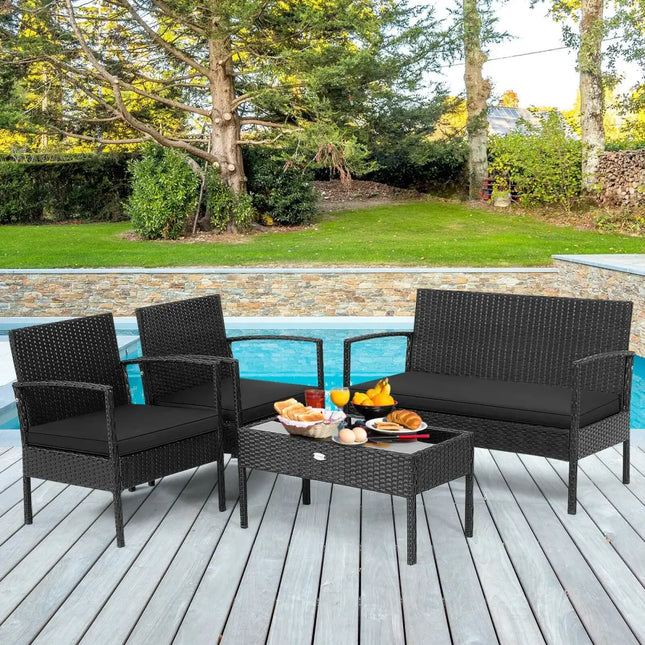 4 Pieces Patio Rattan Furniture Set with Cushion - Black - Patio Conversation Sets