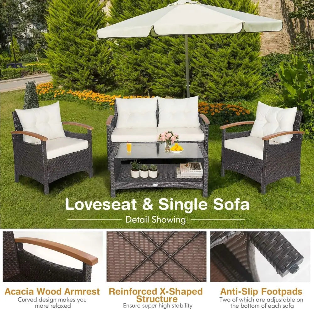 4 Pieces Patio Rattan Furniture Set with Cushioned Sofa and Storage Table-White - White - Patio Conversation Sets