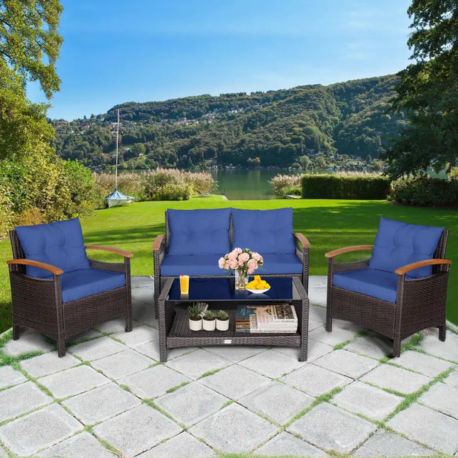 4 Pieces Patio Rattan Furniture Set with Cushioned Sofa and Storage Table-Navy - Navy - Patio Conversation Sets
