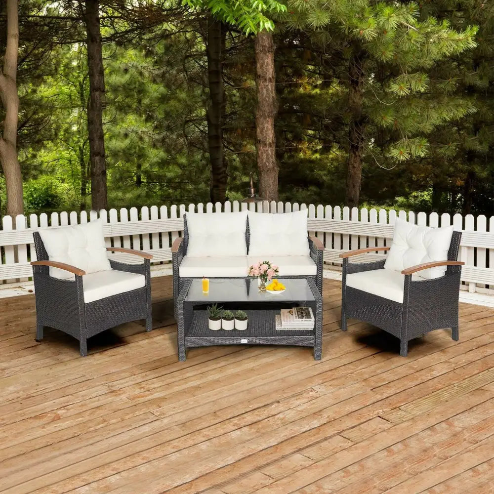 4 Pieces Patio Rattan Furniture Set with Cushioned Sofa and Storage Table-White - White - Patio Conversation Sets