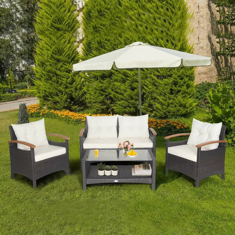 4 Pieces Patio Rattan Furniture Set with Cushioned Sofa and Storage Table-White - White - Patio Conversation Sets