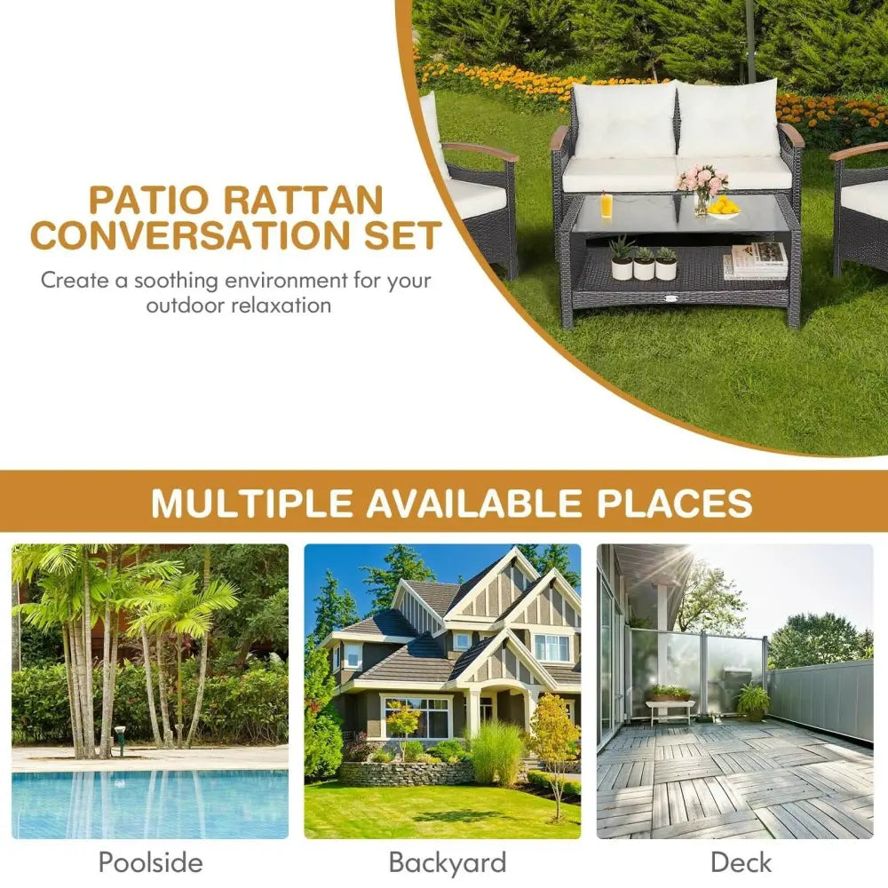 4 Pieces Patio Rattan Furniture Set with Cushioned Sofa and Storage Table-White - White - Patio Conversation Sets