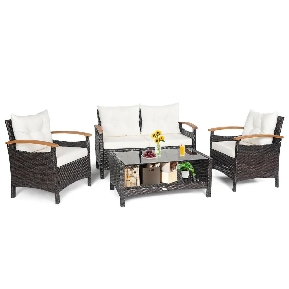 4 Pieces Patio Rattan Furniture Set with Cushioned Sofa and Storage Table-White - White - Patio Conversation Sets