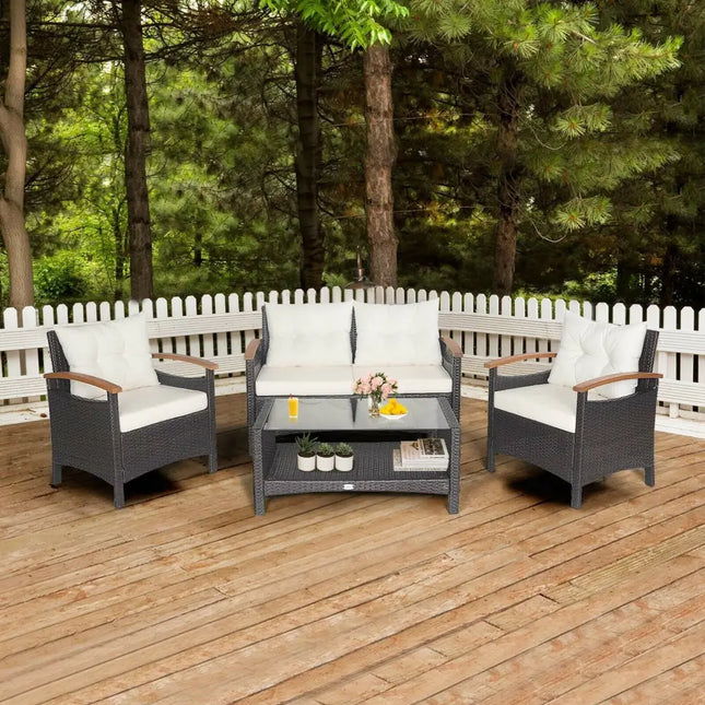 4 Pieces Patio Rattan Furniture Set with Cushioned Sofa and Storage Table-White - White - Patio Conversation Sets