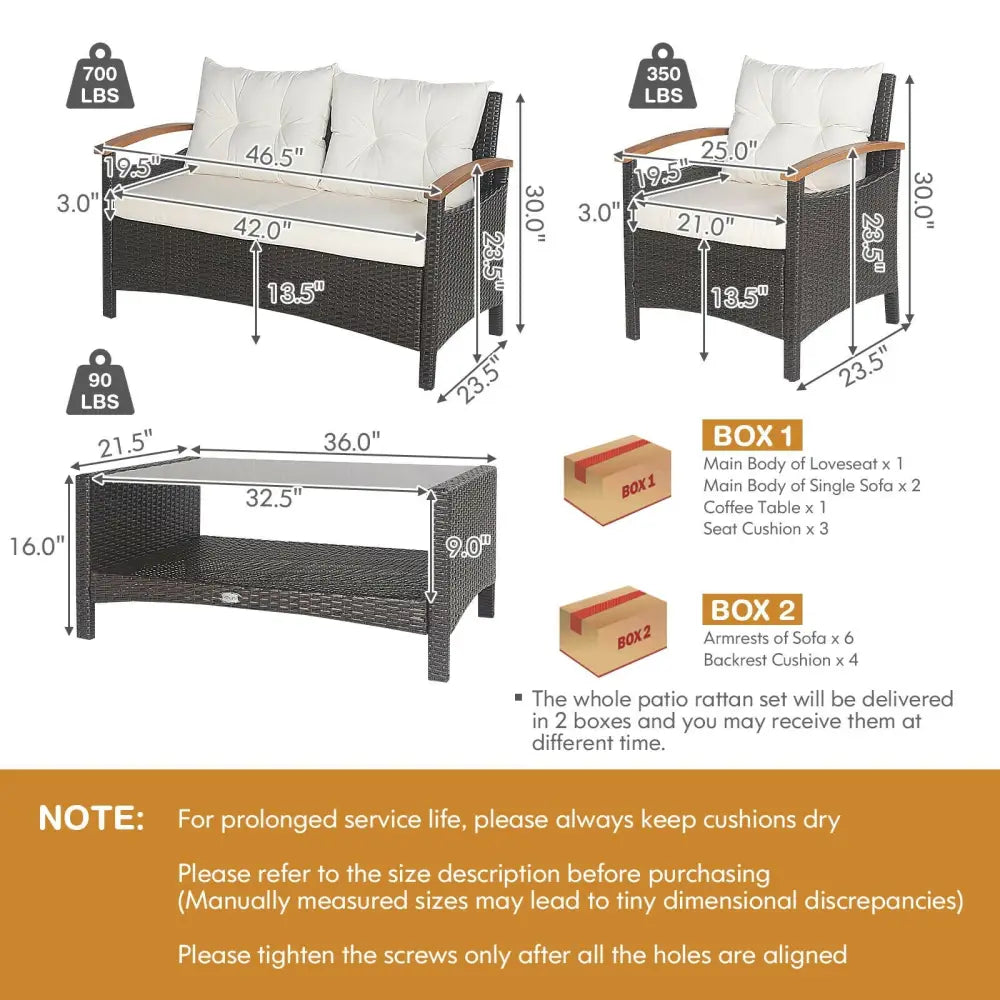 4 Pieces Patio Rattan Furniture Set with Cushioned Sofa and Storage Table-White - White - Patio Conversation Sets