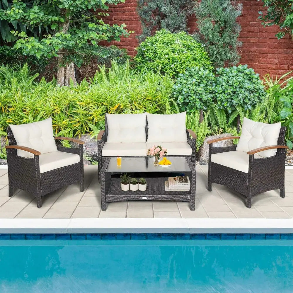 4 Pieces Patio Rattan Furniture Set with Cushioned Sofa and Storage Table-White - White - Patio Conversation Sets