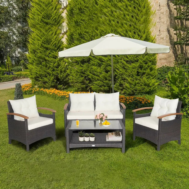 4 Pieces Patio Rattan Furniture Set with Cushioned Sofa and Storage Table-White - White - Patio Conversation Sets