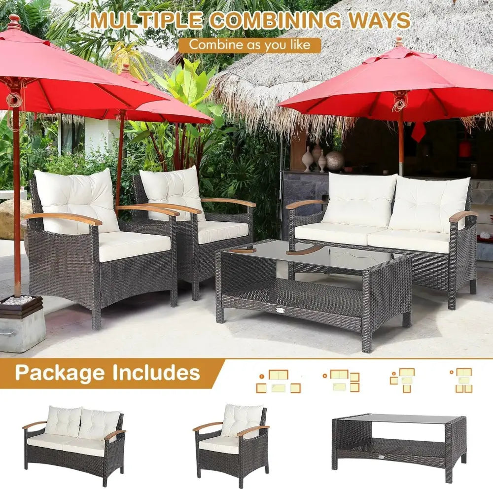 4 Pieces Patio Rattan Furniture Set with Cushioned Sofa and Storage Table-White - White - Patio Conversation Sets