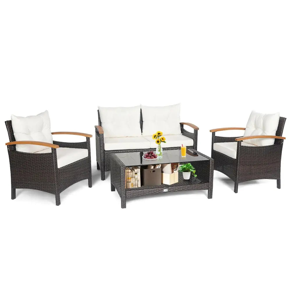4 Pieces Patio Rattan Furniture Set with Cushioned Sofa and Storage Table-White - White - Patio Conversation Sets