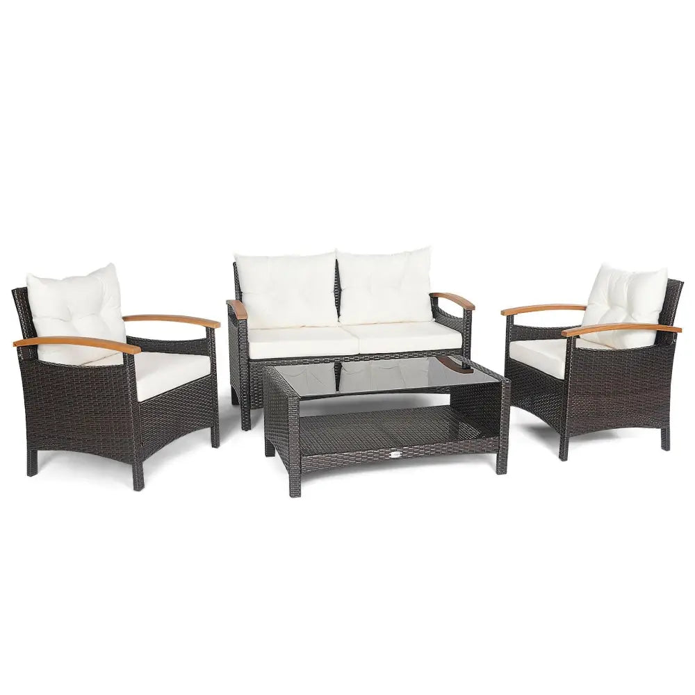 4 Pieces Patio Rattan Furniture Set with Cushioned Sofa and Storage Table-White - White - Patio Conversation Sets