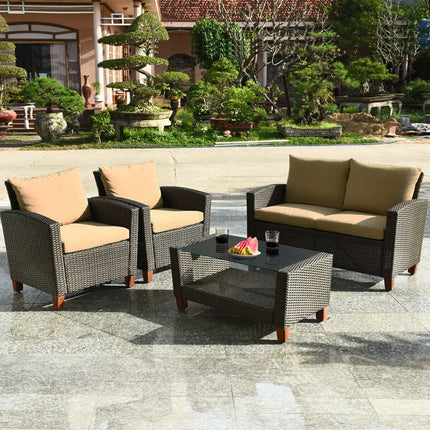 4 Pieces Patio Rattan Furniture Set with Cushions - Brown - Patio Conversation Sets
