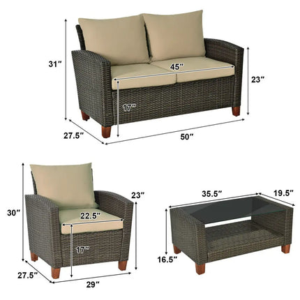 4 Pieces Patio Rattan Furniture Set with Cushions - Brown - Patio Conversation Sets