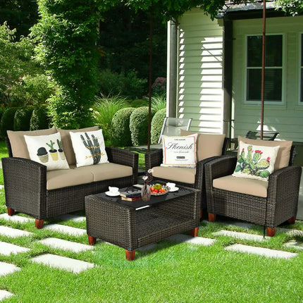 4 Pieces Patio Rattan Furniture Set with Cushions - Brown - Patio Conversation Sets