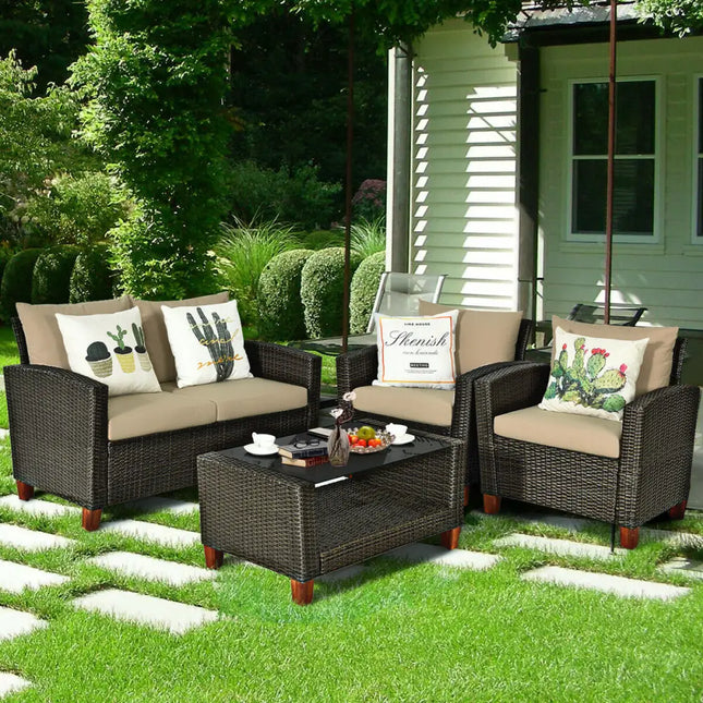4 Pieces Patio Rattan Furniture Set with Cushions - Brown - Patio Conversation Sets