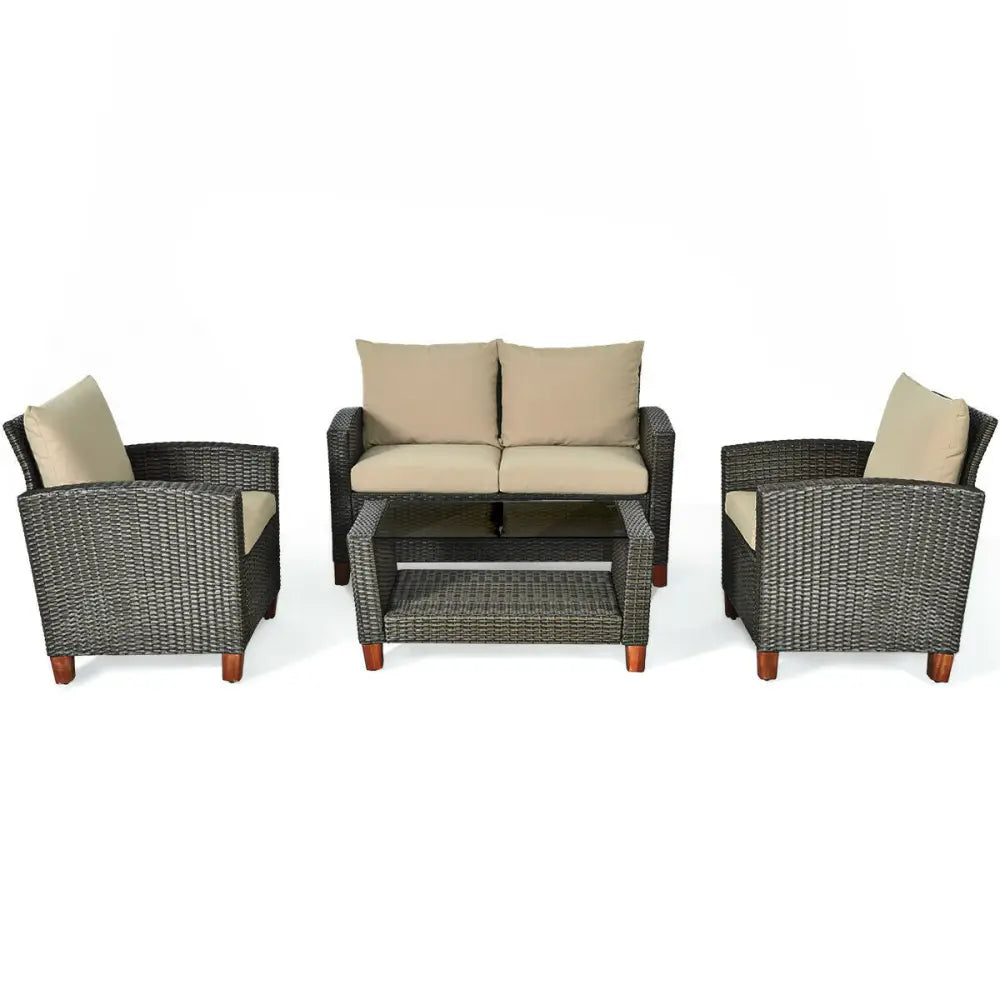 4 Pieces Patio Rattan Furniture Set with Cushions - Brown - Patio Conversation Sets