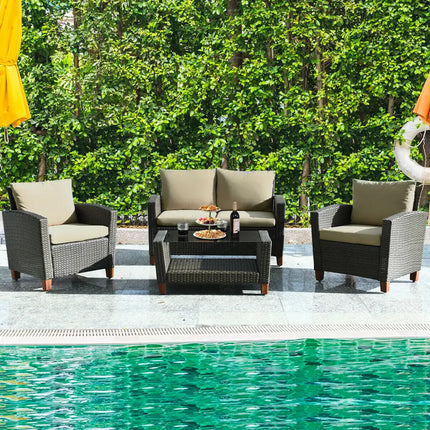 4 Pieces Patio Rattan Furniture Set with Cushions - Brown - Patio Conversation Sets