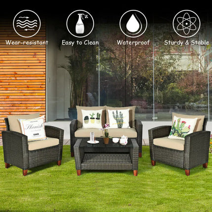 4 Pieces Patio Rattan Furniture Set with Cushions - Brown - Patio Conversation Sets