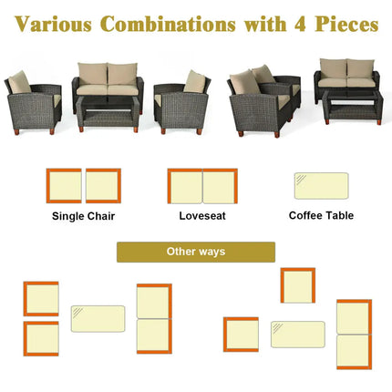4 Pieces Patio Rattan Furniture Set with Cushions - Brown - Patio Conversation Sets