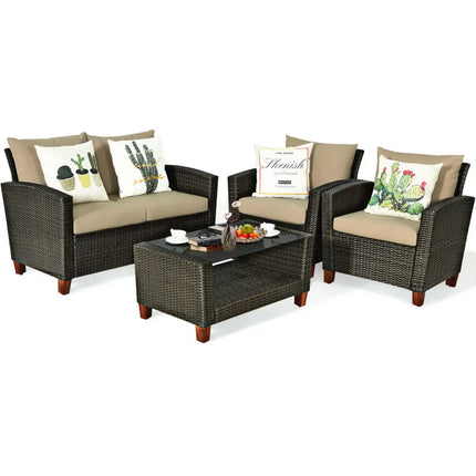 4 Pieces Patio Rattan Furniture Set with Cushions - Brown - Patio Conversation Sets
