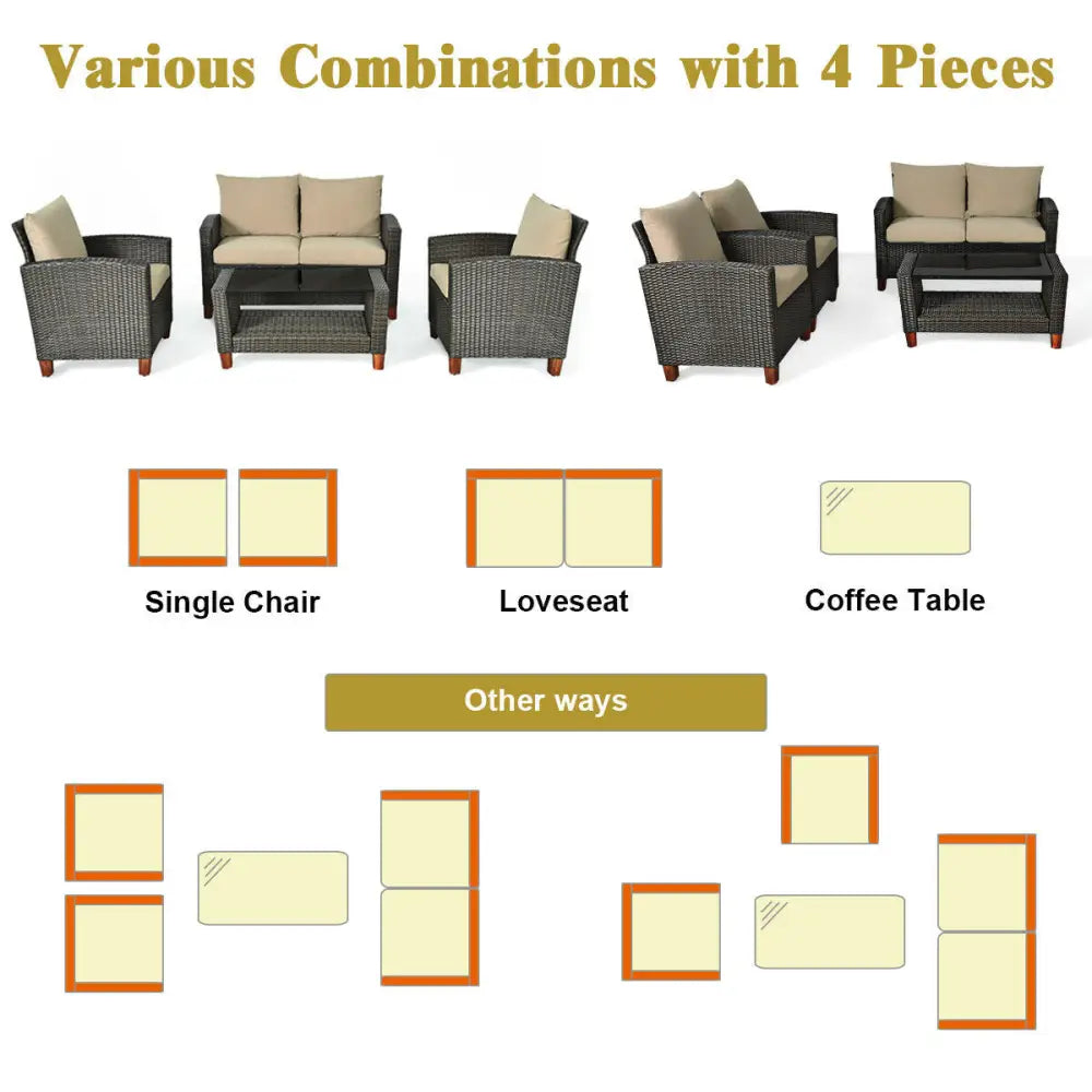 4 Pieces Patio Rattan Furniture Set with Cushions - Brown - Patio Conversation Sets