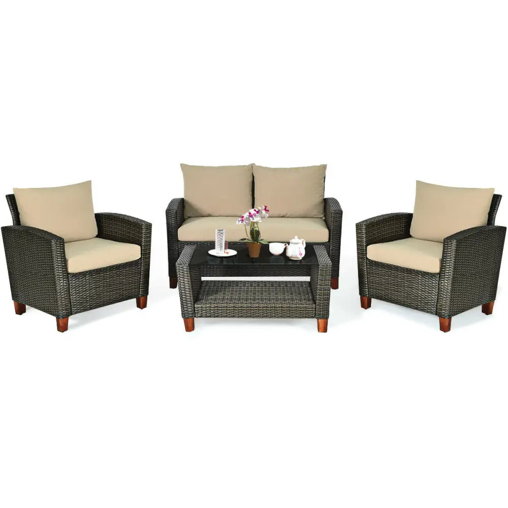 4 Pieces Patio Rattan Furniture Set with Cushions - Brown - Patio Conversation Sets