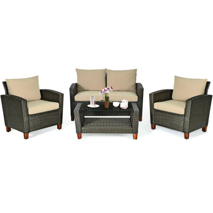 4 Pieces Patio Rattan Furniture Set with Cushions - Brown - Patio Conversation Sets