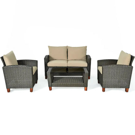 4 Pieces Patio Rattan Furniture Set with Cushions - Brown - Patio Conversation Sets