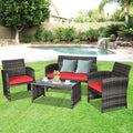 4 Pieces Patio Rattan Furniture Set with Cushions-Red - Red - Patio Furniture Sets