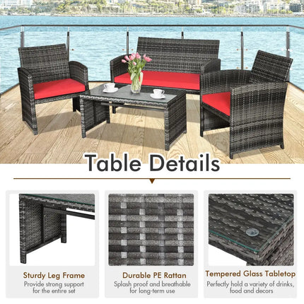 4 Pieces Patio Rattan Furniture Set with Cushions-Red - Red - Patio Furniture Sets