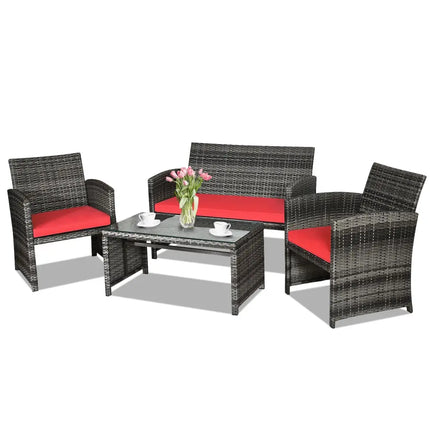 4 Pieces Patio Rattan Furniture Set with Cushions-Red - Red - Patio Furniture Sets