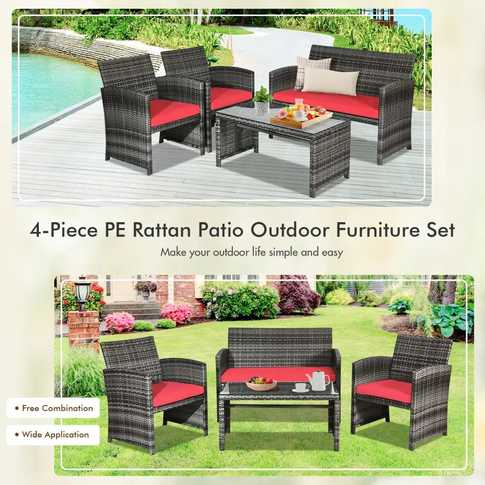 4 Pieces Patio Rattan Furniture Set with Cushions-Red - Red - Patio Furniture Sets