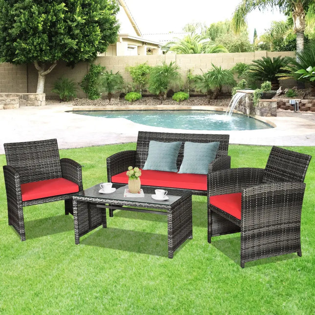 4 Pieces Patio Rattan Furniture Set with Cushions-Red - Red - Patio Furniture Sets