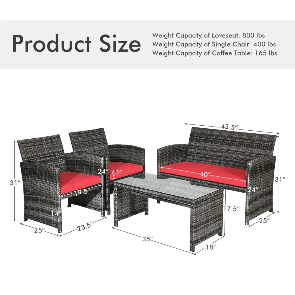 4 Pieces Patio Rattan Furniture Set with Cushions-Red - Red - Patio Furniture Sets