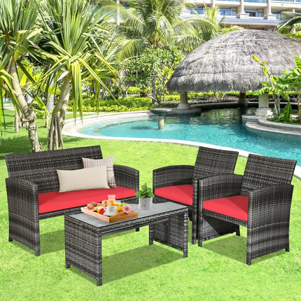 4 Pieces Patio Rattan Furniture Set with Cushions-Red - Red - Patio Furniture Sets