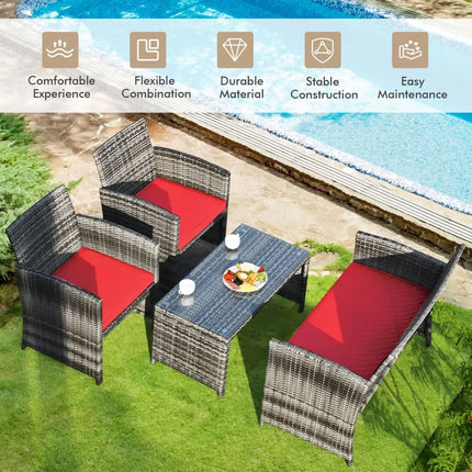 4 Pieces Patio Rattan Furniture Set with Cushions-Red - Red - Patio Furniture Sets
