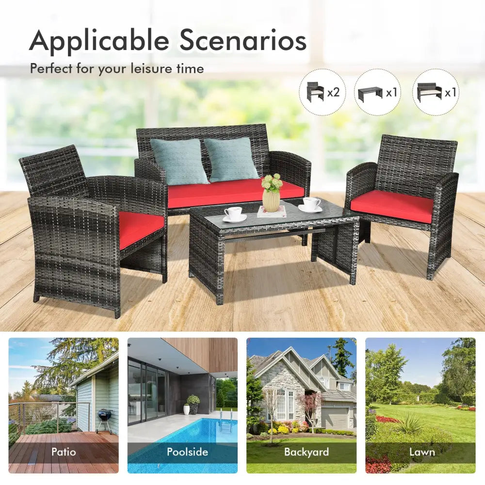 4 Pieces Patio Rattan Furniture Set with Cushions-Red - Red - Patio Furniture Sets