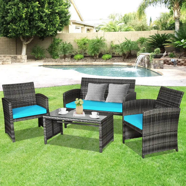 4 Pieces Patio Rattan Furniture Set with Cushions-Turquoise - Turquoise - Patio Furniture Sets