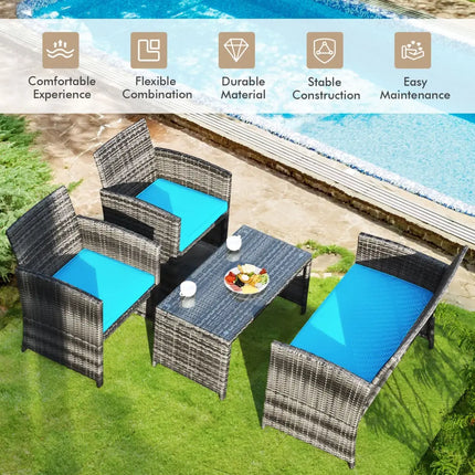 4 Pieces Patio Rattan Furniture Set with Cushions-Turquoise - Turquoise - Patio Furniture Sets
