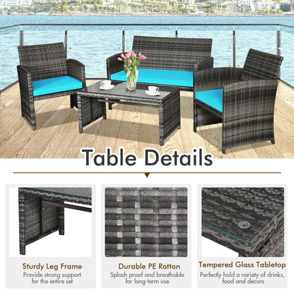 4 Pieces Patio Rattan Furniture Set with Cushions-Turquoise - Turquoise - Patio Furniture Sets