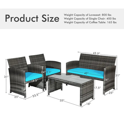 4 Pieces Patio Rattan Furniture Set with Cushions-Turquoise - Turquoise - Patio Furniture Sets