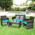 4 Pieces Patio Rattan Furniture Set with Cushions-Turquoise - Turquoise - Patio Furniture Sets
