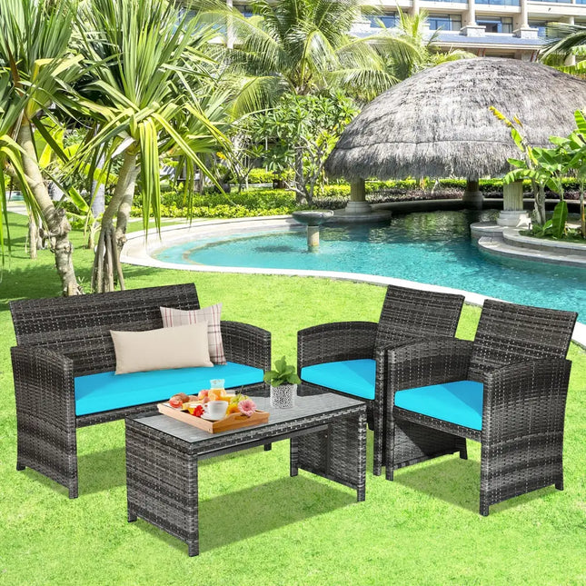4 Pieces Patio Rattan Furniture Set with Cushions-Turquoise - Turquoise - Patio Furniture Sets