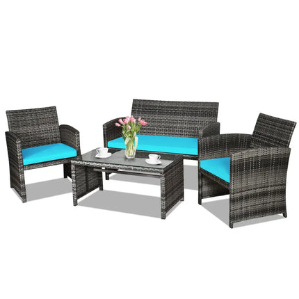 4 Pieces Patio Rattan Furniture Set with Cushions-Turquoise - Turquoise - Patio Furniture Sets