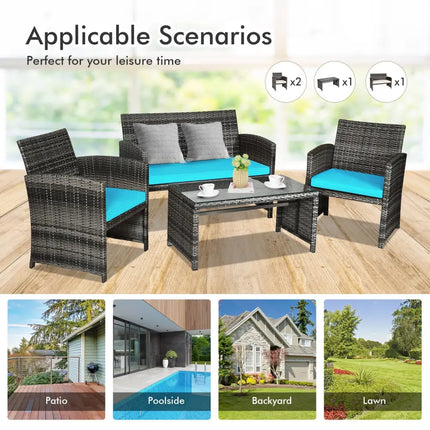 4 Pieces Patio Rattan Furniture Set with Cushions-Turquoise - Turquoise - Patio Furniture Sets