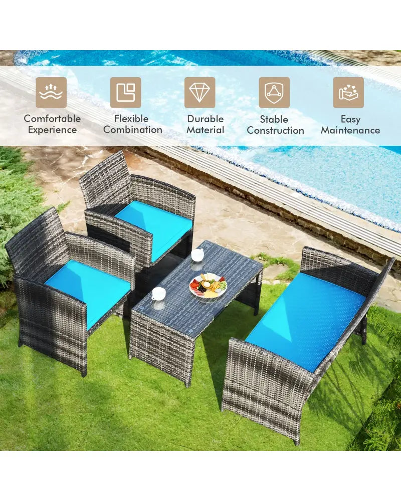 4 Pieces Patio Rattan Furniture Set with Cushions-Turquoise - Turquoise - Patio Furniture Sets